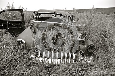 frame-old-car-junkyard-black-white-left-open-hood-volunteer-crop-weeds-62912865